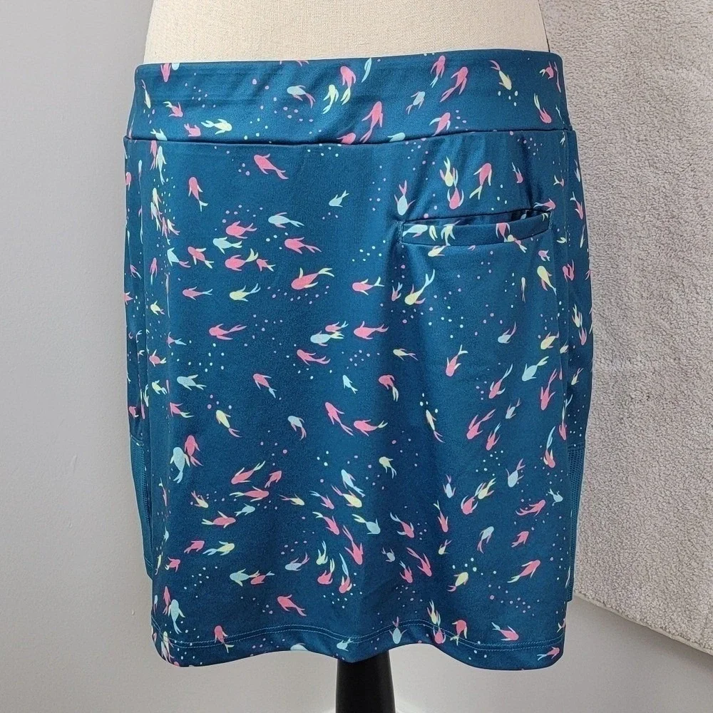 PGA‎ Tour Golf Skort L Large Blue Koi Fish Print Coastal Athletic Tennis Skirt